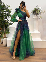 Heidi-Mode | Langes Kleid Blumendruck Tüll Seiten Schlitz Ein Schulter Langarm Damen Elegante Abendveranstaltung Abschlussball