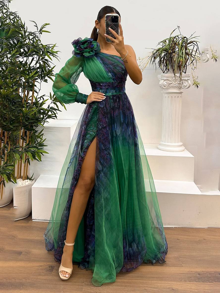 Heidi-Mode | Langes Kleid Blumendruck Tüll Seiten Schlitz Ein Schulter Langarm Damen Elegante Abendveranstaltung Abschlussball