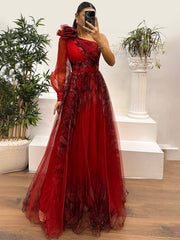 Heidi-Mode | Langes Kleid Blumendruck Tüll Seiten Schlitz Ein Schulter Langarm Damen Elegante Abendveranstaltung Abschlussball