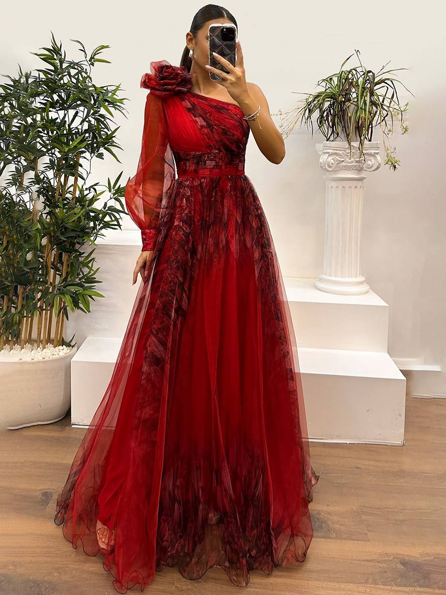 Heidi-Mode | Langes Kleid Blumendruck Tüll Seiten Schlitz Ein Schulter Langarm Damen Elegante Abendveranstaltung Abschlussball