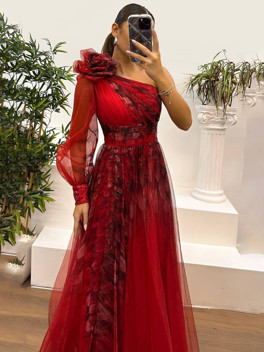 Heidi-Mode | Langes Kleid Blumendruck Tüll Seiten Schlitz Ein Schulter Langarm Damen Elegante Abendveranstaltung Abschlussball