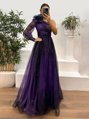Heidi-Mode | Langes Kleid Blumendruck Tüll Seiten Schlitz Ein Schulter Langarm Damen Elegante Abendveranstaltung Abschlussball