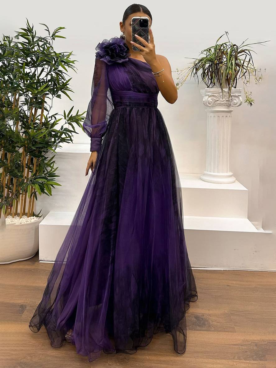 Heidi-Mode | Langes Kleid Blumendruck Tüll Seiten Schlitz Ein Schulter Langarm Damen Elegante Abendveranstaltung Abschlussball