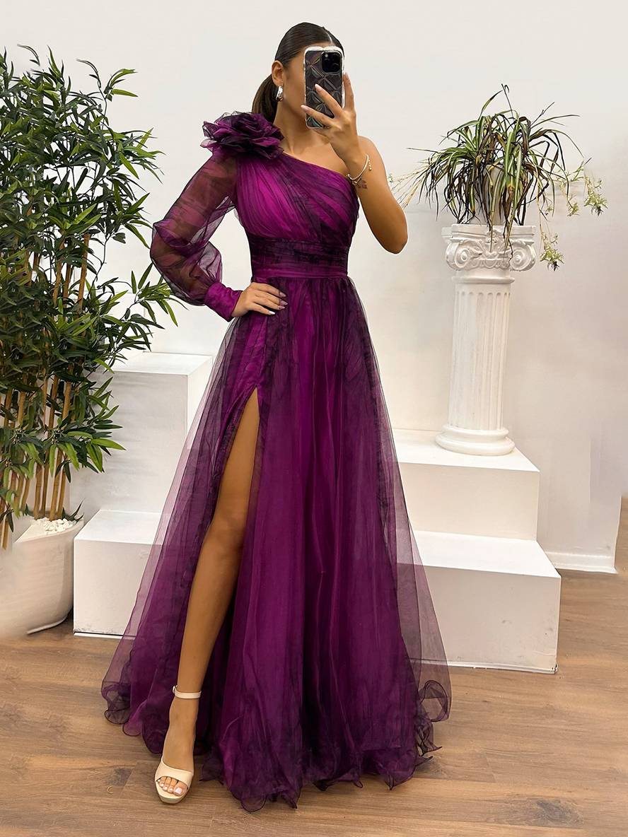 Heidi-Mode | Langes Kleid Blumendruck Tüll Seiten Schlitz Ein Schulter Langarm Damen Elegante Abendveranstaltung Abschlussball