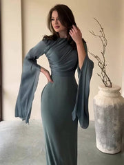 Heidi-Mode | Langes Satin Kleid Enger Runder Ausschnitt Gesplittete Ärmel Lange Ärmel Damen Elegant Abend Ball Prom Zeremonie
