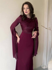 Heidi-Mode | Langes Satin Kleid Enger Runder Ausschnitt Gesplittete Ärmel Lange Ärmel Damen Elegant Abend Ball Prom Zeremonie