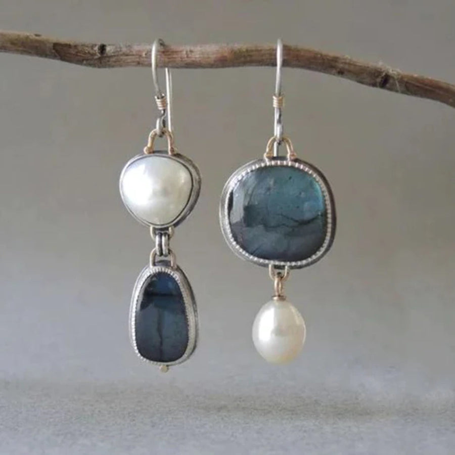 Vintage blaue Natursteinohrringe mit Perlen