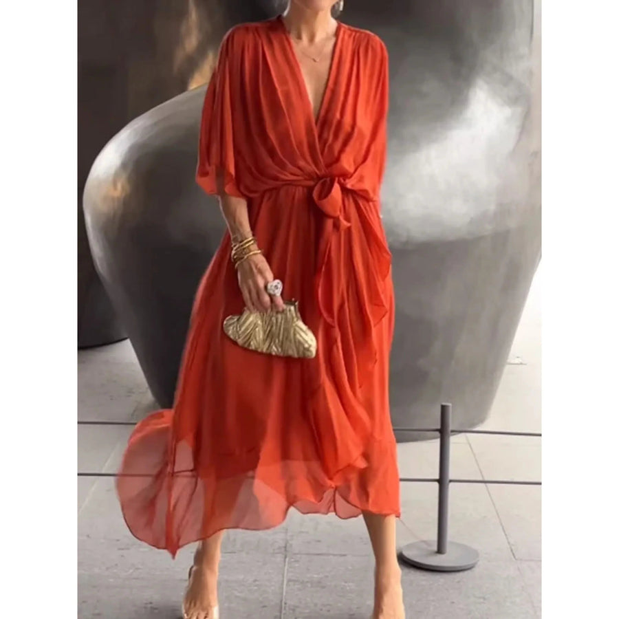 Camila Damen-Midikleid mit V-Ausschnitt und Gürtel