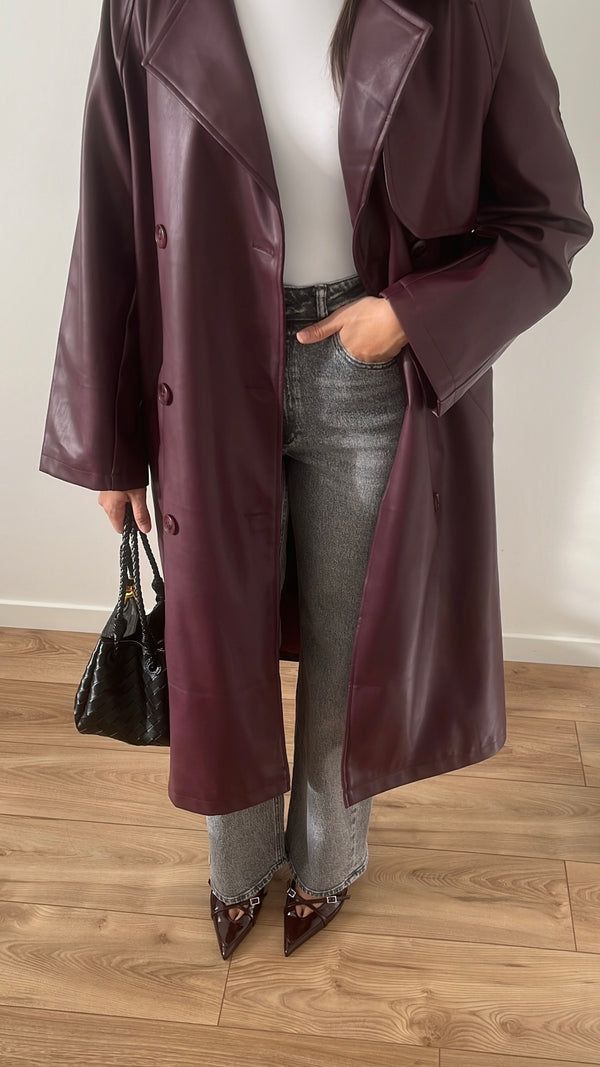 Cassy Kunstleder Maxi Trenchcoat