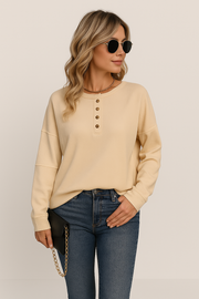 Isabella | Damen Langarm Freizeit Top Mit Knöpfen