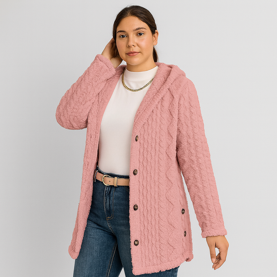 Marlena | Damen Knopf-Front Teddy Hoodie Mantel für Herbst & Winter