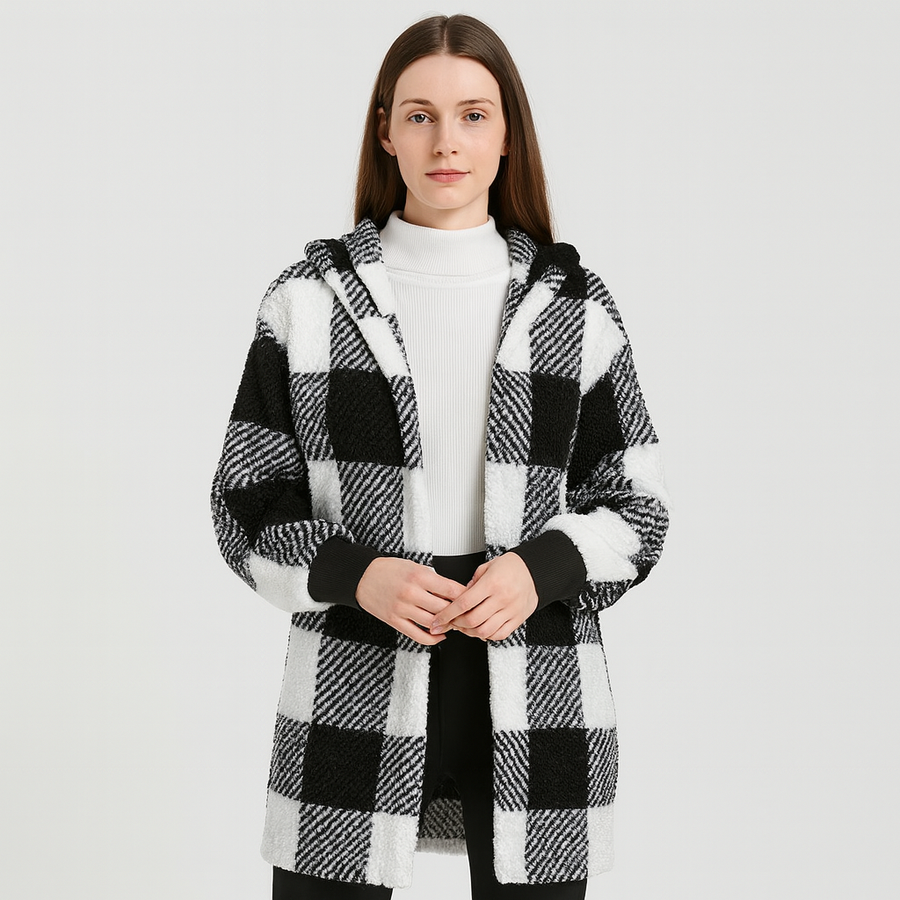 Ava | Damen Fleece-Cardigan mit Kapuze und Karomuster