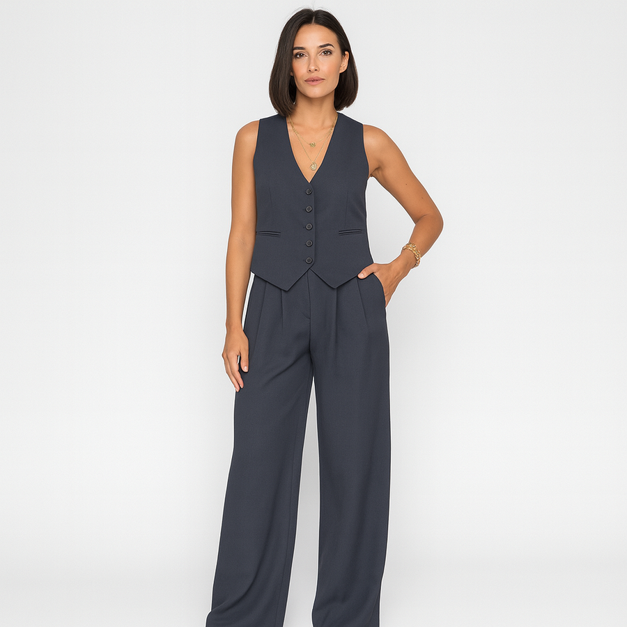 Elegantes 2-teiliges Set für Damen – Ärmelloses Top mit V-Ausschnitt und passende einfarbige Hose