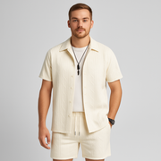 2-teiliges Jacquard-Strick-Set für Herren – Kurzarmhemd und Shorts in Unifarbe, Premium-Freizeitoutfit