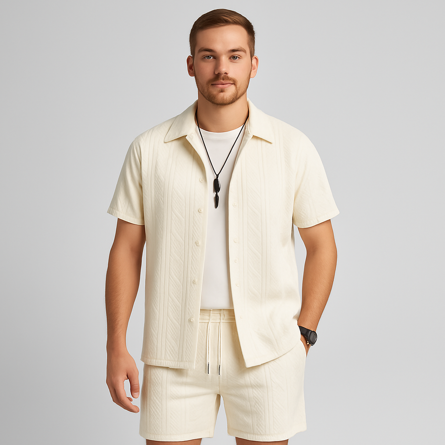 2-teiliges Jacquard-Strick-Set für Herren – Kurzarmhemd und Shorts in Unifarbe, Premium-Freizeitoutfit