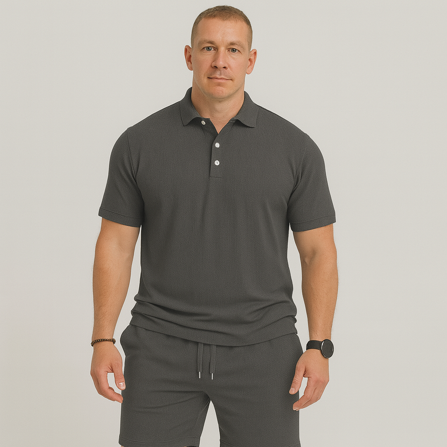 Herren Sommer Casual Set – Leichtes Oberteil mit Golfkragen und einfarbige Shorts mit Taschen