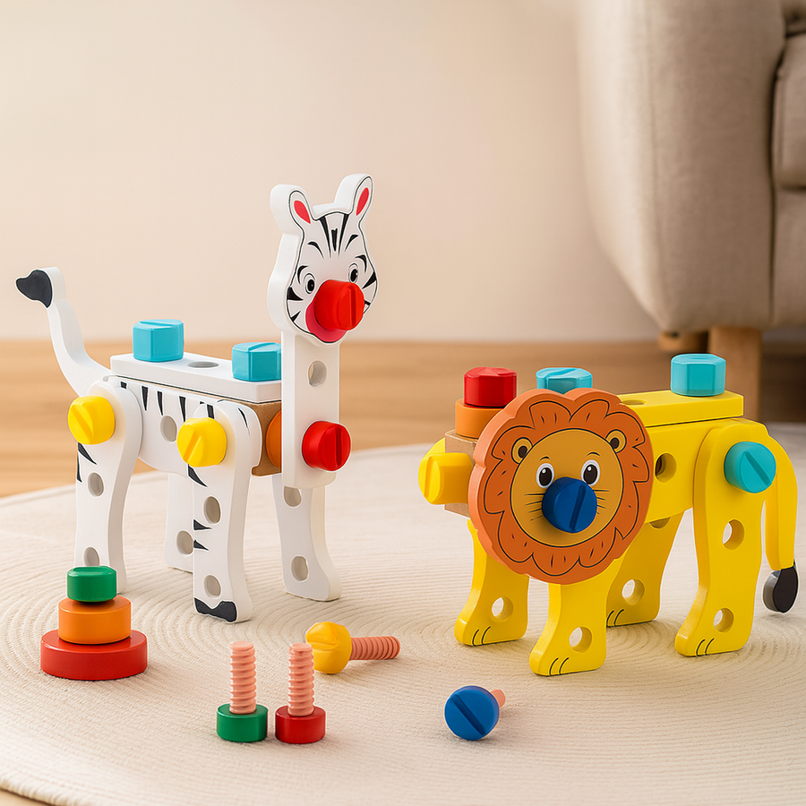 Holz-Werkzeugkasten-Set für Kinder – Tier-Montagespielzeug für Kreativität und Feinmotorik