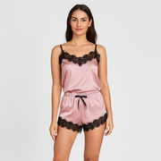 Gestreiftes Pyjama-Set für Damen – V-Ausschnitt-Top mit Satin-Shorts
