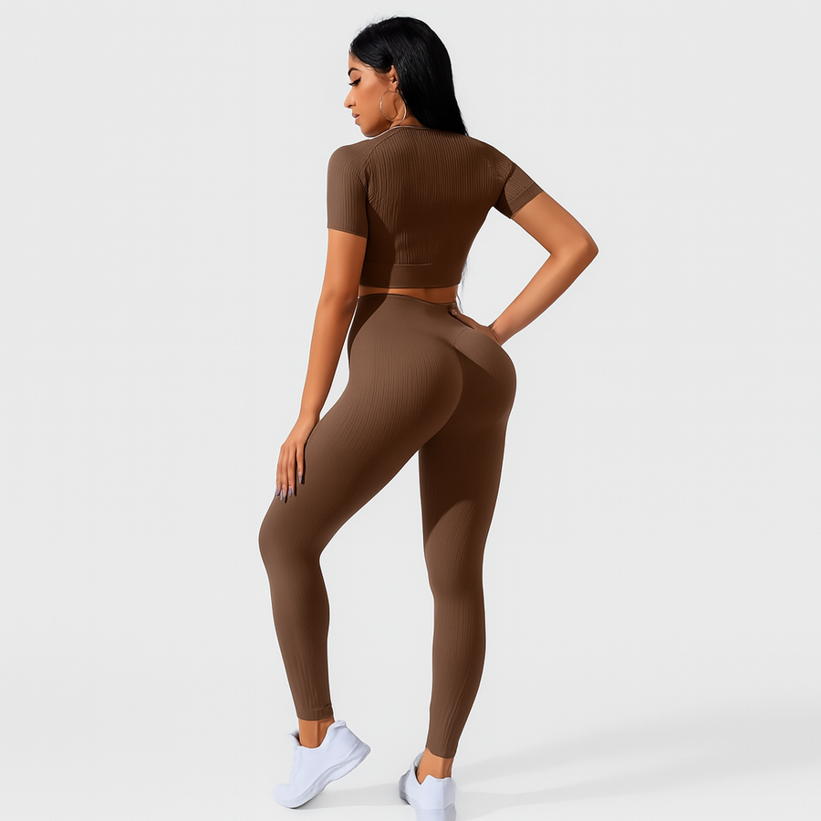 Damen Sportset 2-teilig – Kurzarm Top & High Waist Leggings für Yoga & Pilates