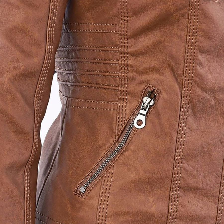Damen Lederjacke mit Kapuze – Stylische Bikerjacke in Braun mit Reißverschluss und Details