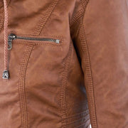 Damen Lederjacke mit Kapuze – Stylische Bikerjacke in Braun mit Reißverschluss und Details