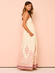 Boho Maxikleid mit Stickerei und Spaghettiträgern für Damen