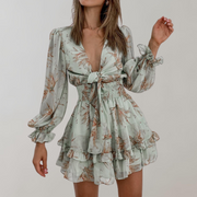 Audrey - Über dem Knie Minikleid Damen | Kleid mit langen Puffärmeln | geblümtes Minikleid mit langen Ärmeln