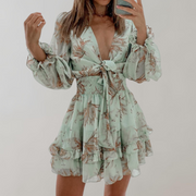 Audrey - Über dem Knie Minikleid Damen | Kleid mit langen Puffärmeln | geblümtes Minikleid mit langen Ärmeln