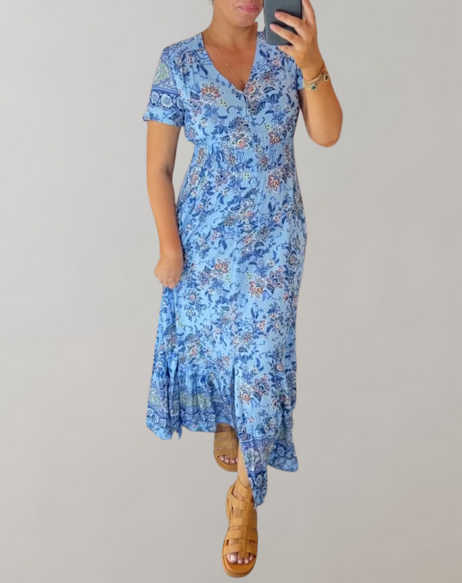 Marsha - Maxikleid mit V-Ausschnitt und Blumenmuster im Bohemian-Stil | Kurzärmliges Maxikleid mit Blumendruck für den Sommer
