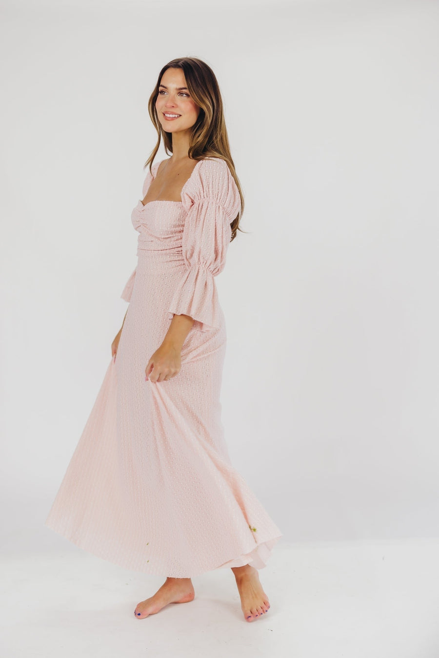 Corrine - langes Kleid mit rüschenärmeln und taschen - ballerina-pink - stoßfest