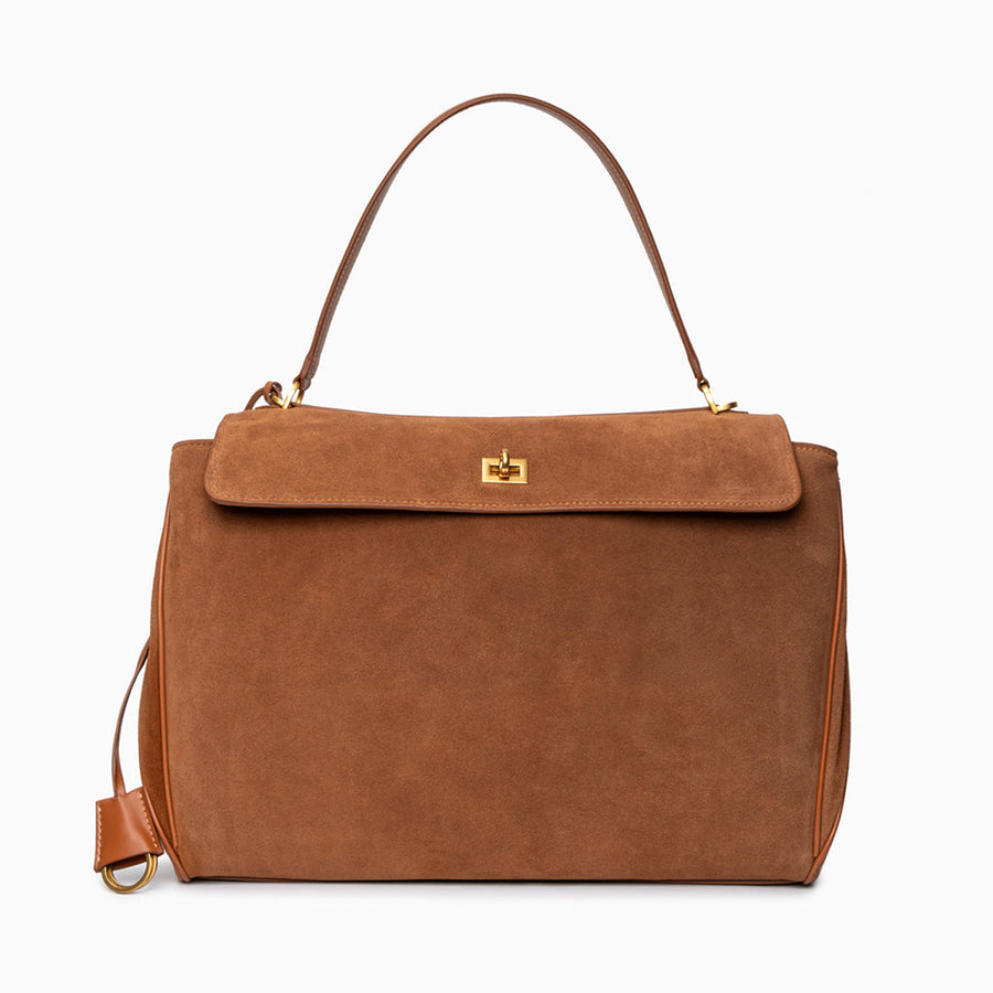 Clara – Elegante Damenhandtasche aus dunkelbraunem Wildleder mit goldfarbenem Drehverschluss