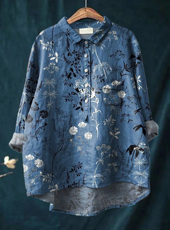 Elena | Damenbluse leicht aus Baumwolle und Leinen mit Print