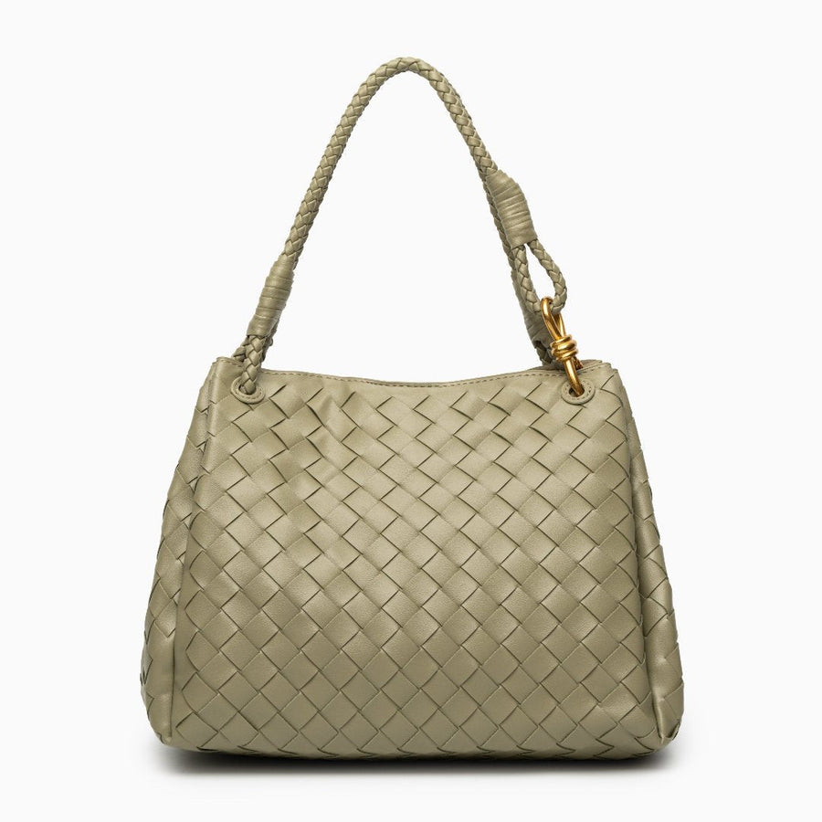 Valeria | Geflochtene schwarze Damenhandtasche aus veganem Leder mit Schulterriemen & goldenen Details