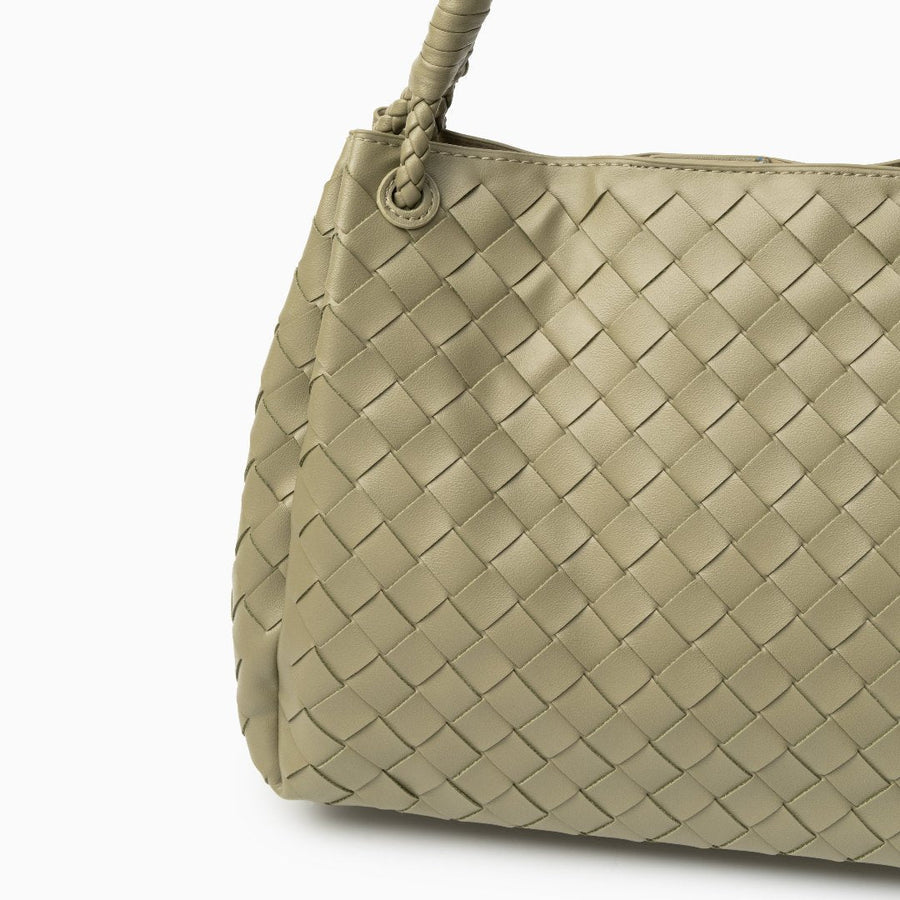 Valeria | Geflochtene schwarze Damenhandtasche aus veganem Leder mit Schulterriemen & goldenen Details