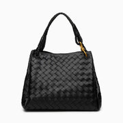 Valeria | Geflochtene schwarze Damenhandtasche aus veganem Leder mit Schulterriemen & goldenen Details