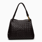 Valeria | Geflochtene schwarze Damenhandtasche aus veganem Leder mit Schulterriemen & goldenen Details