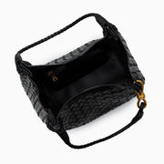 Valeria | Geflochtene schwarze Damenhandtasche aus veganem Leder mit Schulterriemen & goldenen Details