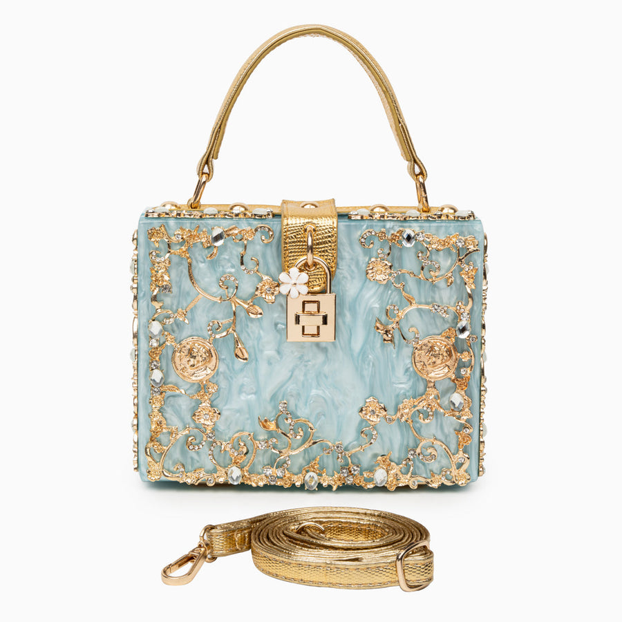 Luxus-Acryl Clutch in Himmelblau mit barockem Golddekor – Vintage-inspirierte Abendtasche