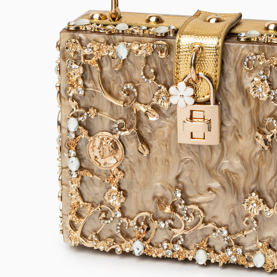 Luxus-Acryl Clutch in Himmelblau mit barockem Golddekor – Vintage-inspirierte Abendtasche