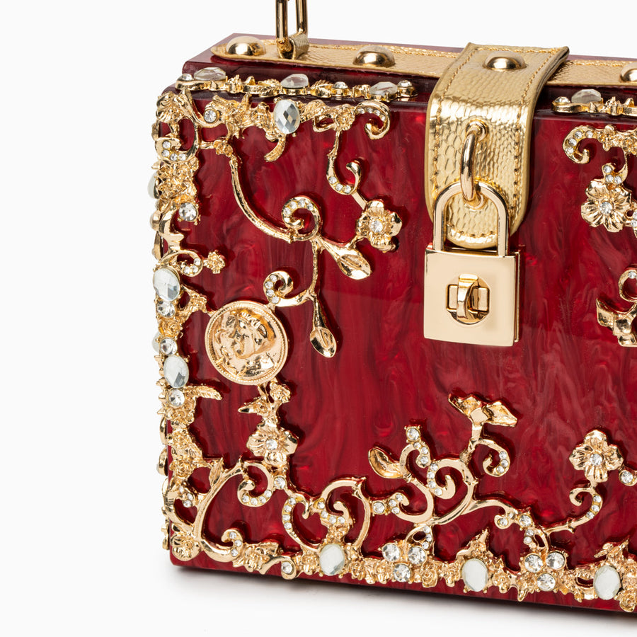 Luxus-Acryl Clutch in Himmelblau mit barockem Golddekor – Vintage-inspirierte Abendtasche