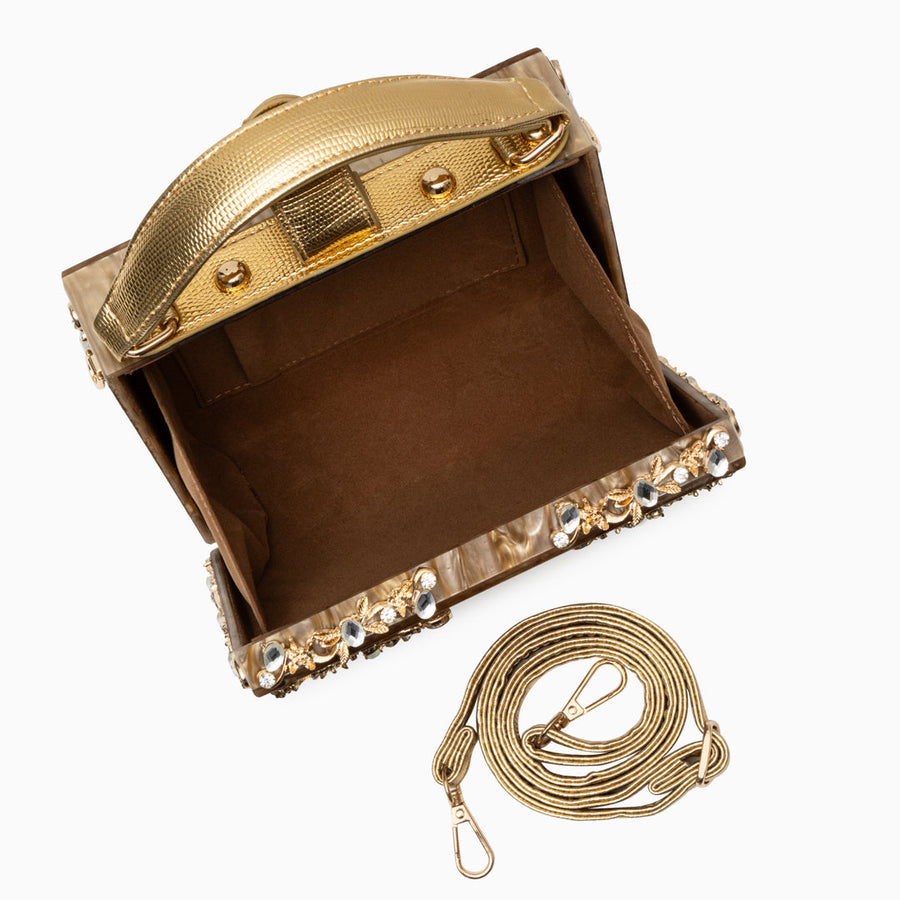Luxus-Acryl Clutch in Himmelblau mit barockem Golddekor – Vintage-inspirierte Abendtasche