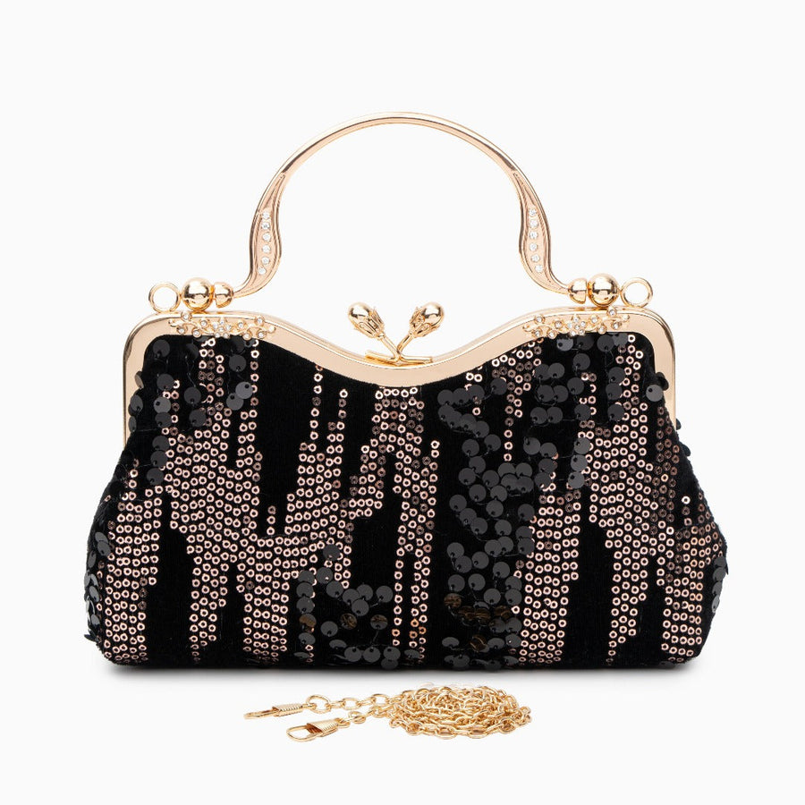 Alyannah | Navyblaue Samt-Clutch mit goldenen Pailletten & verziertem Griff – Elegante Abendtasche für Damen