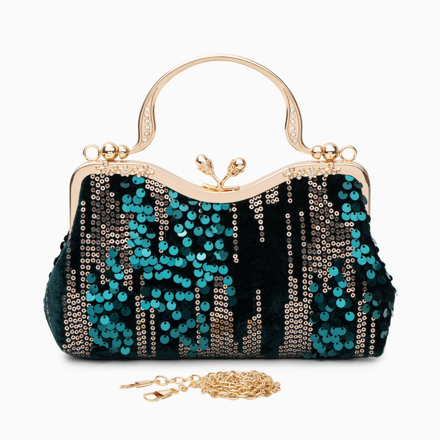Alyannah | Navyblaue Samt-Clutch mit goldenen Pailletten & verziertem Griff – Elegante Abendtasche für Damen