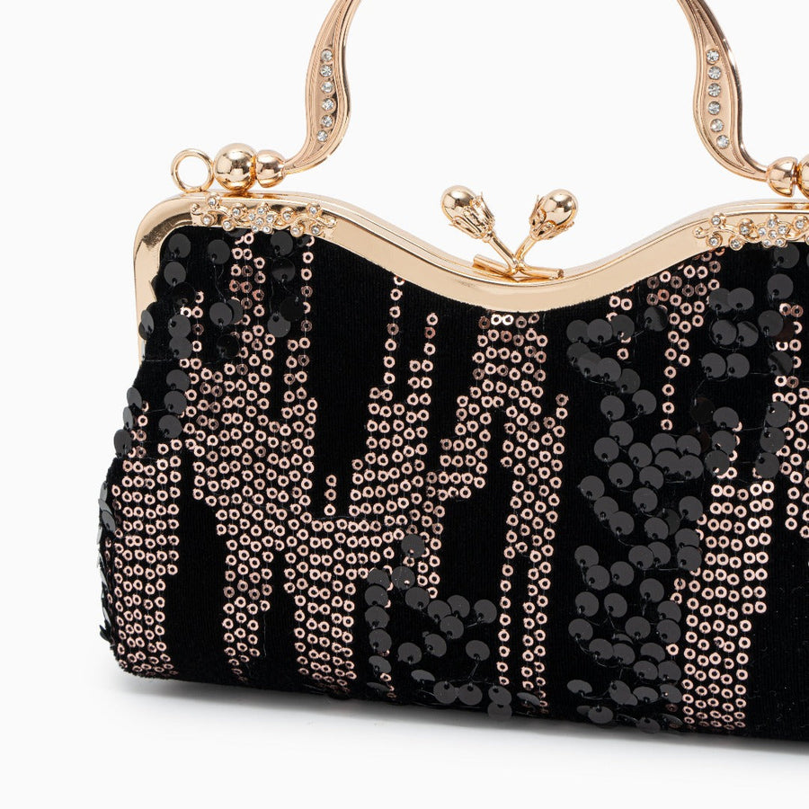 Alyannah | Navyblaue Samt-Clutch mit goldenen Pailletten & verziertem Griff – Elegante Abendtasche für Damen
