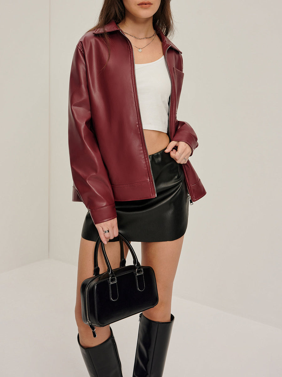 Damen Bikerjacke Kunstleder mit Reißverschluss