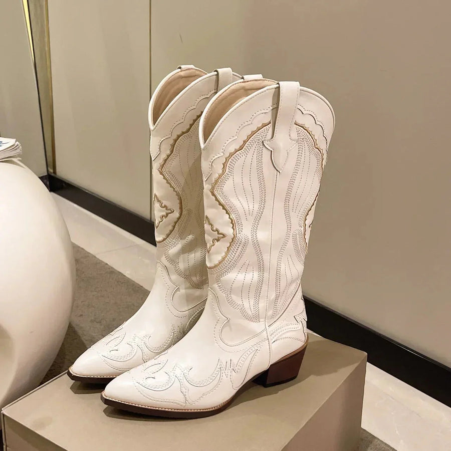 Damen Cowboystiefel Leder Wadenlang Western-Stil