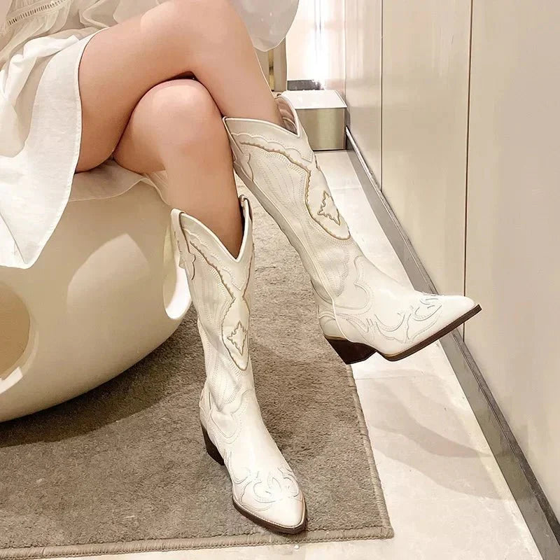 Damen Cowboystiefel Leder Wadenlang Western-Stil