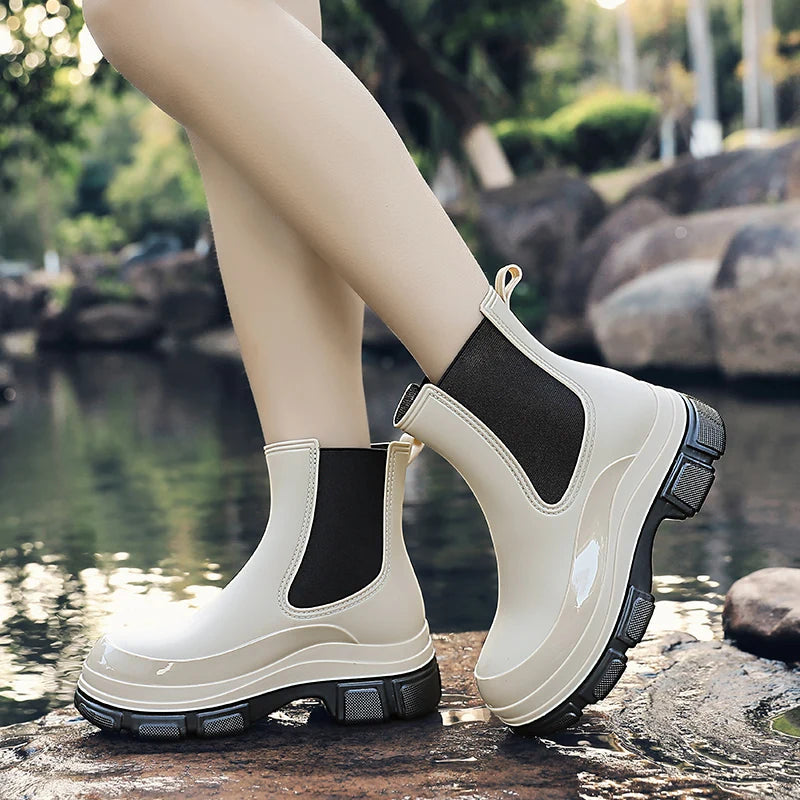 Damen Gummistiefel Wasserfest Kurzrohr mit Elastischen Seiteneinsätzen
