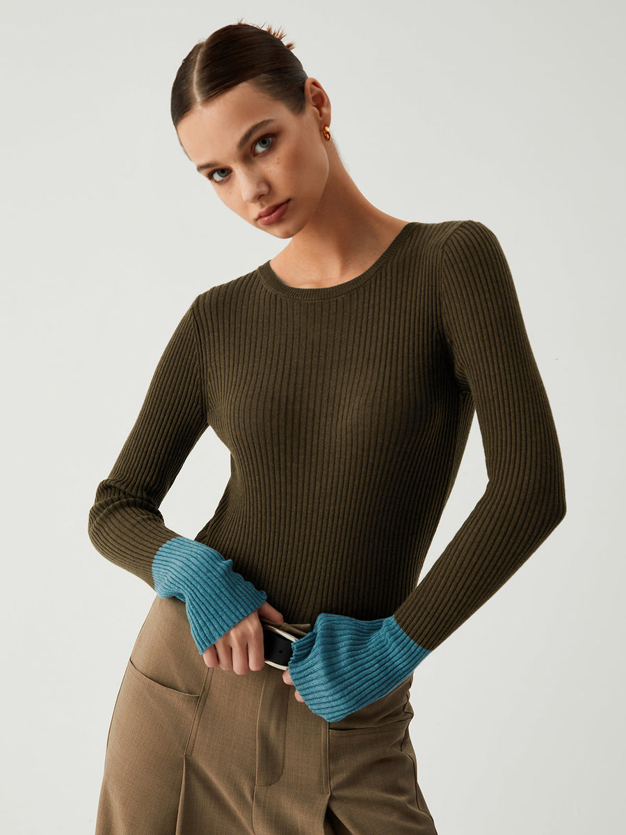 Damen Langarm Stricktop mit Kontrastärmeln