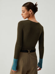 Damen Langarm Stricktop mit Kontrastärmeln
